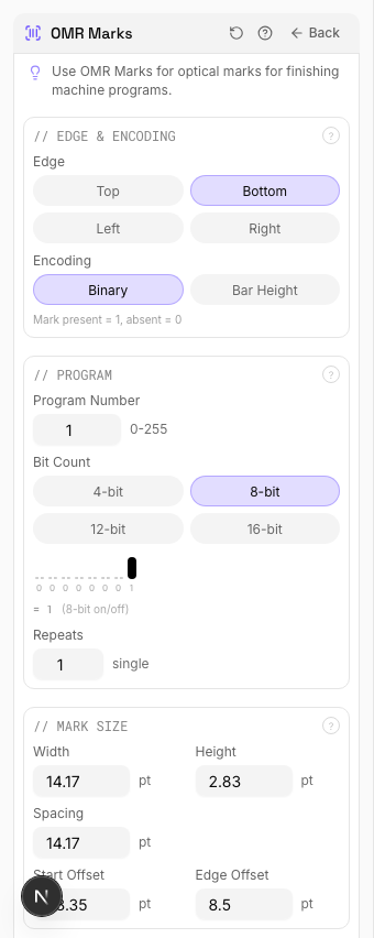 pdfpress.app OMR marks configuration panel showing edge selection, bar count, and dimension settings