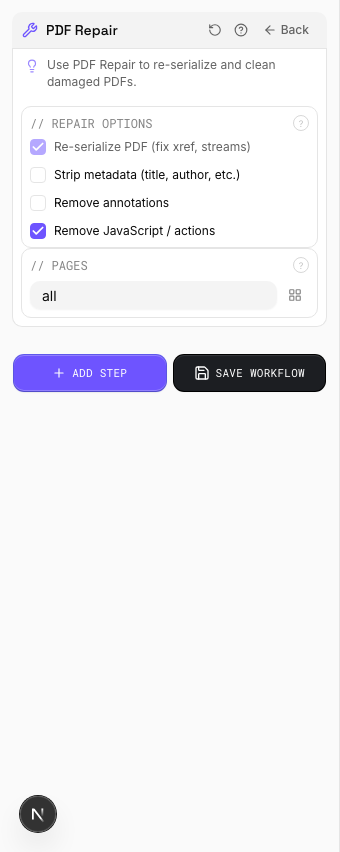 PDF Repair tool processing options and recovery status indicators