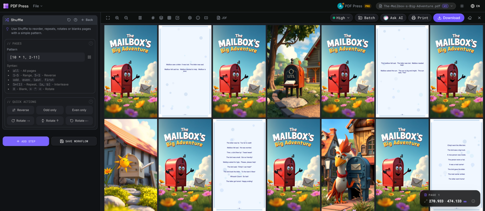PDF Press page shuffle tool interleaving pages for double-sided printing in a live preview