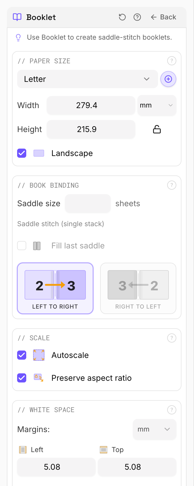 Booklet settings panel showing saddle-stitch binding, paper size and automatic page creep