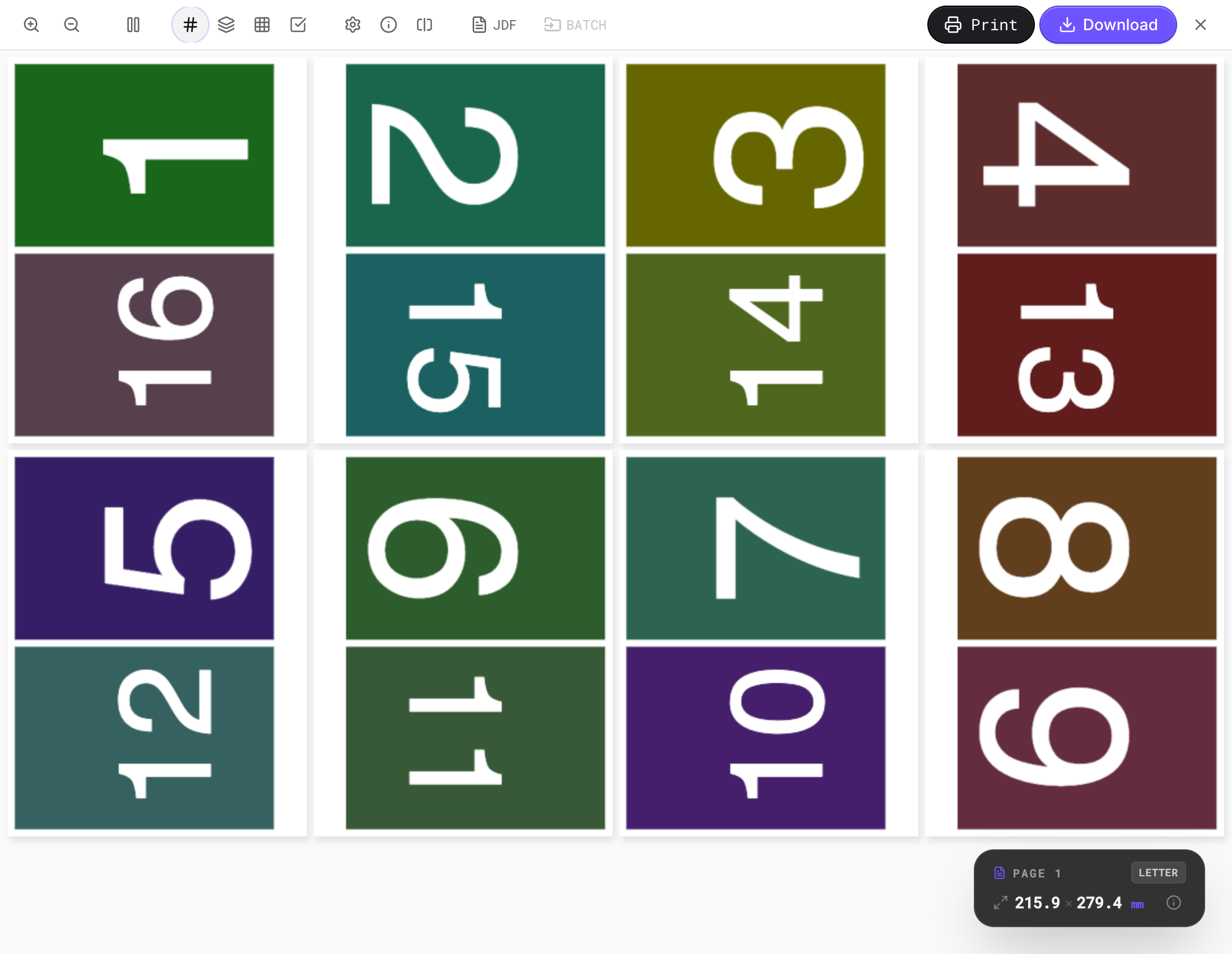 Live preview of a 16-page signature with imposed page pairs 16|1 and 2|15 shown via a page-number overlay