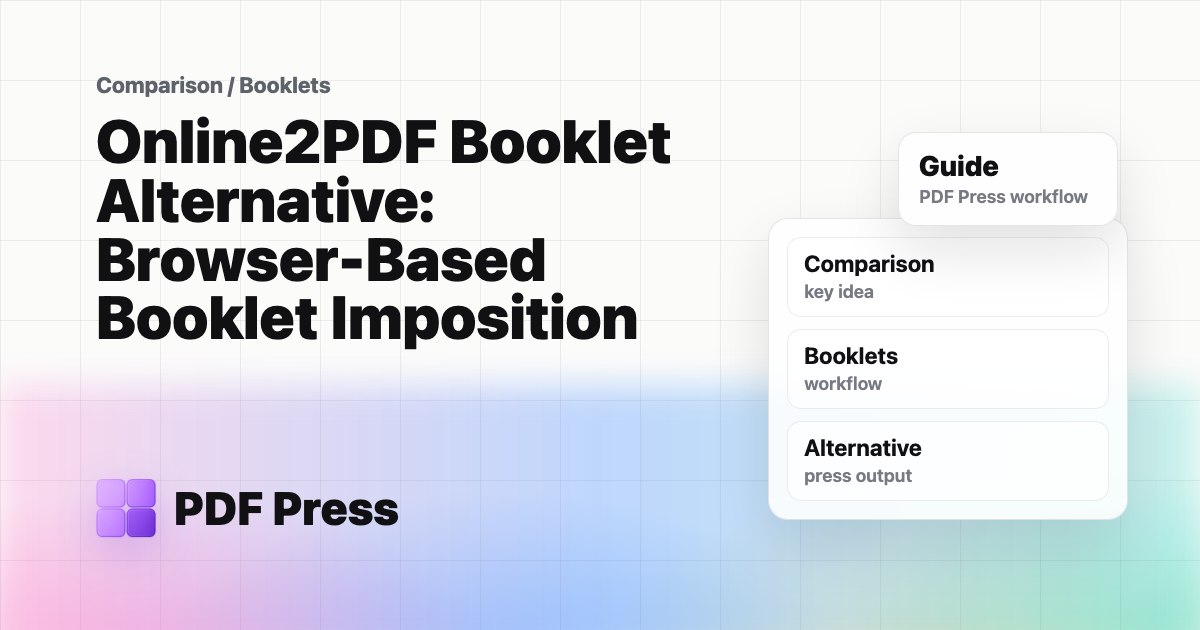 Online2PDF Booklet Alternative: Browser-Based Booklet Imposition — Compare Online2PDF's Create Booklet tool with PDF Press for saddle-stitch imposition,… (PDF Press guide cover illustration)