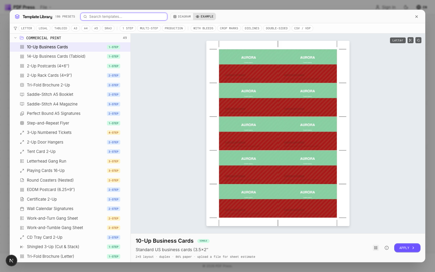Use Templates — Pre-built templates let you jump-start common jobs (PDF Press screenshot)