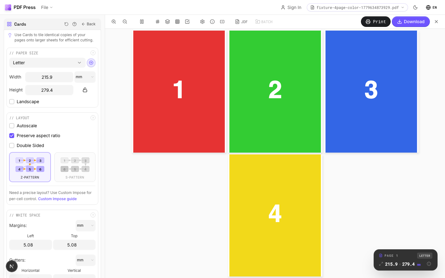 Preview & Navigate — The central preview area shows your imposed output at full fidelity (PDF Press screenshot)
