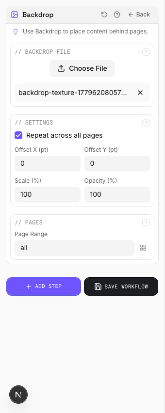 Backdrop settings panel in PDF Press imposition software (Backdrop Applied configuration)