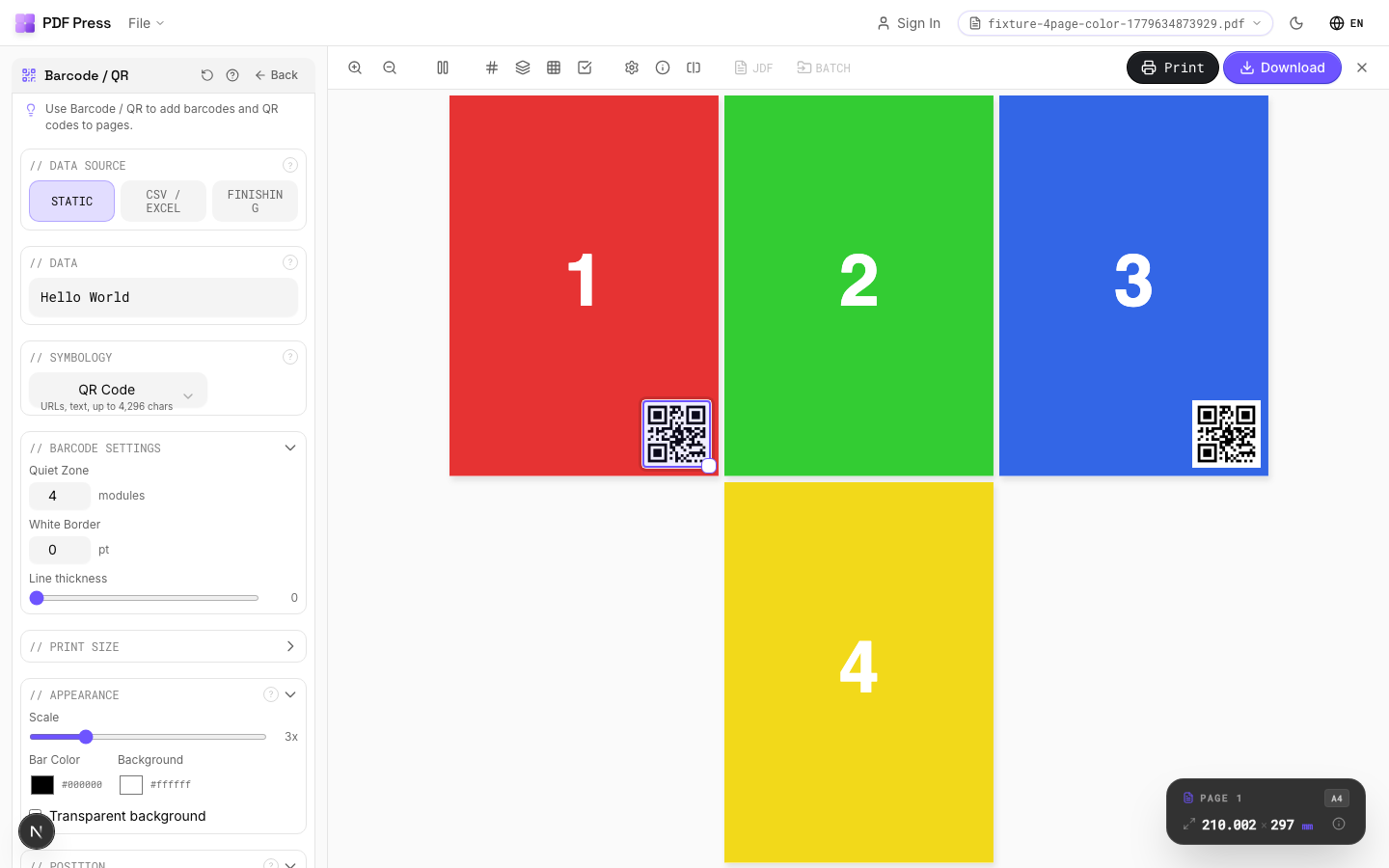 Barcode / QR in PDF Press imposition software — options panel beside the live imposed sheet