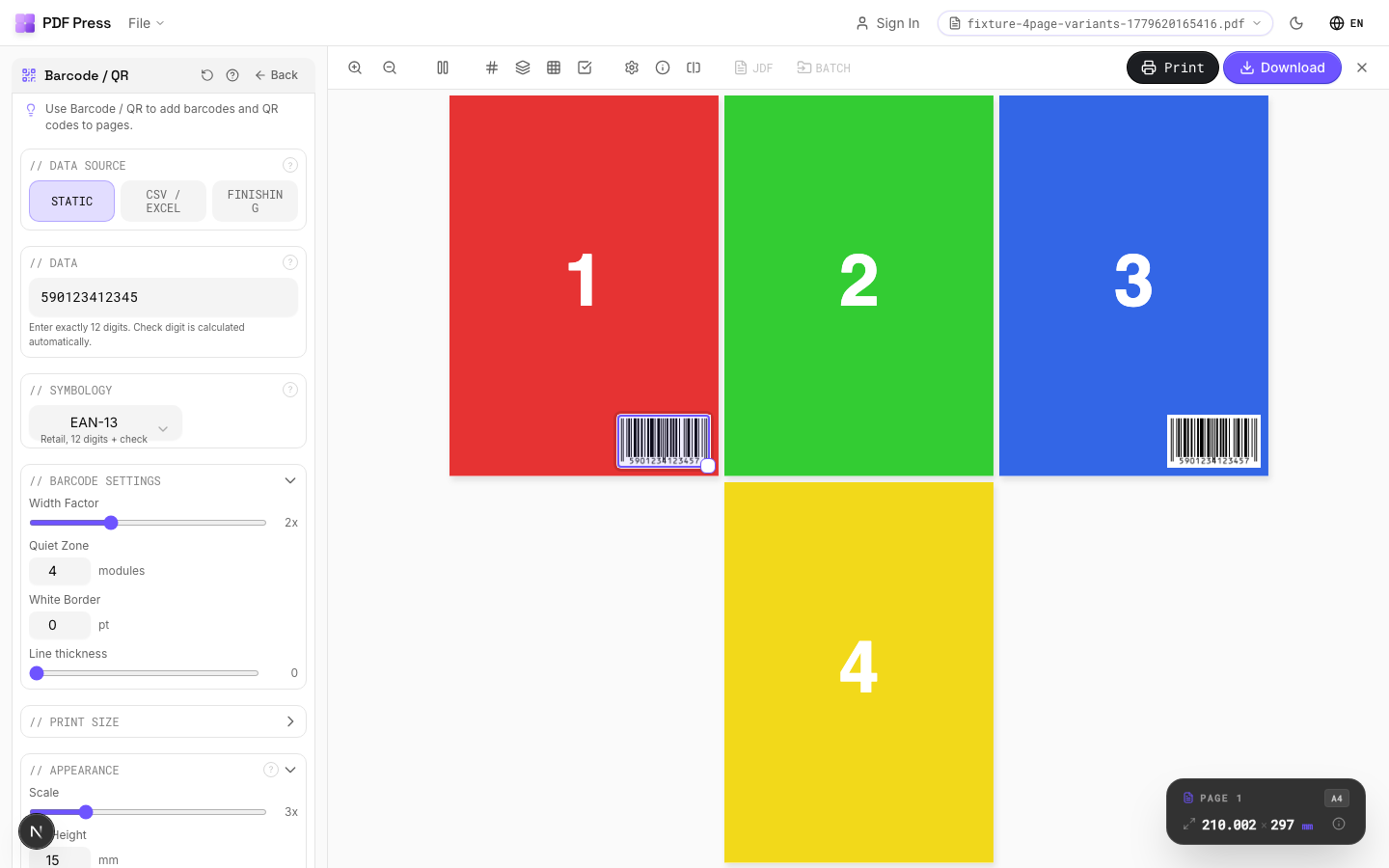 Barcode / QR in PDF Press imposition software (EAN-13 Product Barcode configuration) — options panel beside the live imposed sheet