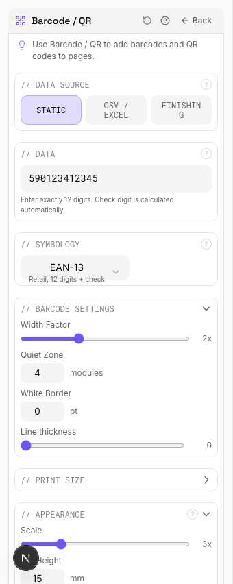 Barcode / QR settings panel in PDF Press imposition software (EAN-13 Product Barcode configuration)