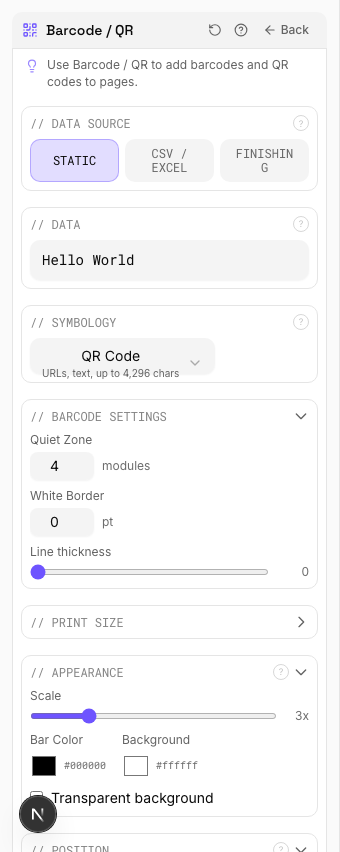 Barcode / QR settings panel in PDF Press imposition software (QR Code Mode configuration)