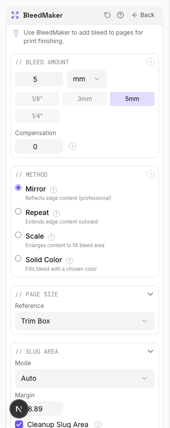 BleedMaker settings panel in PDF Press imposition software (5mm Bleed (Mirror Method) configuration)