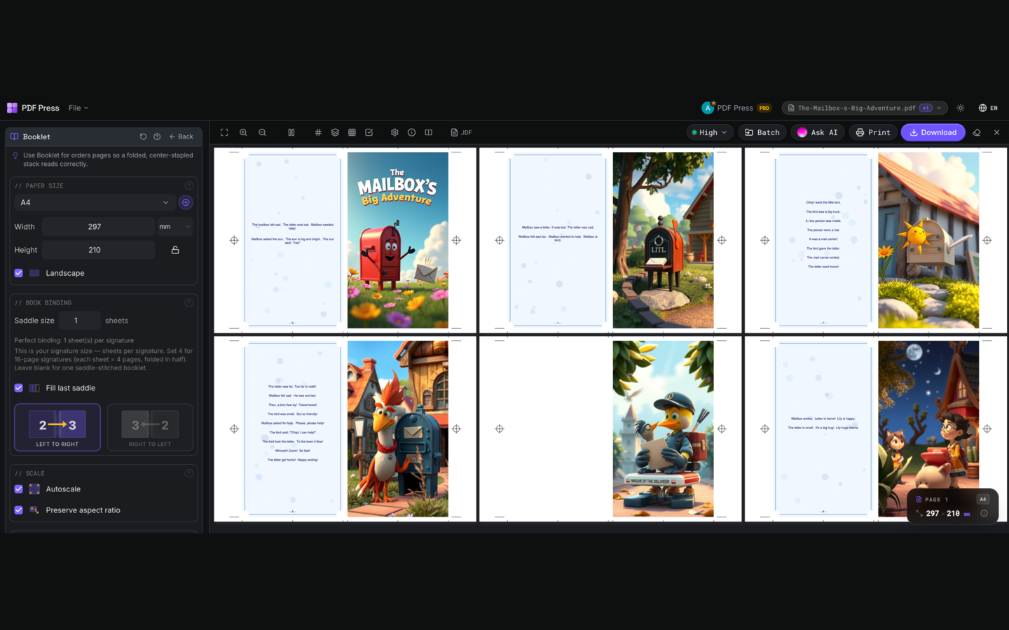 Booklet in PDF Press imposition software — options panel beside the live imposed sheet
