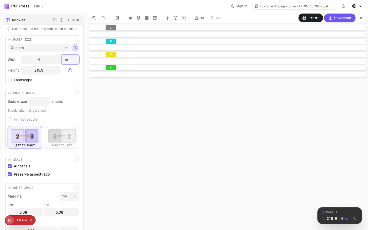 Booklet in PDF Press imposition software (Perfect Binding Mode configuration) — options panel beside the live imposed sheet