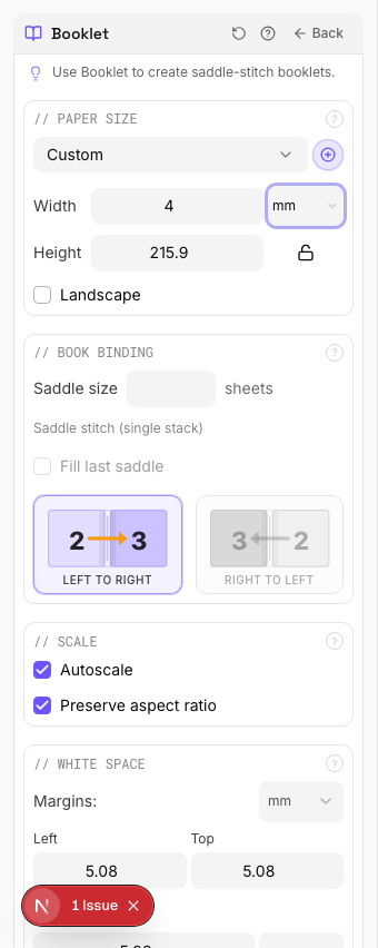 Booklet settings panel in PDF Press imposition software (Perfect Binding Mode configuration)