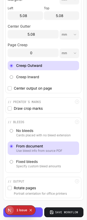 Booklet settings panel in PDF Press imposition software (Rotated Output configuration)
