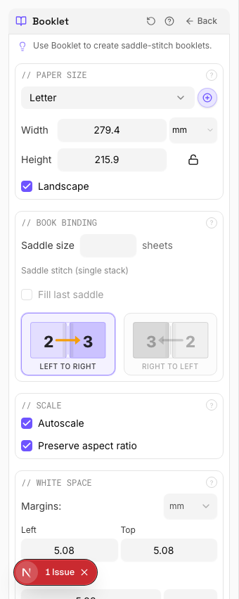 Booklet settings panel in PDF Press imposition software (Creep Compensation configuration)