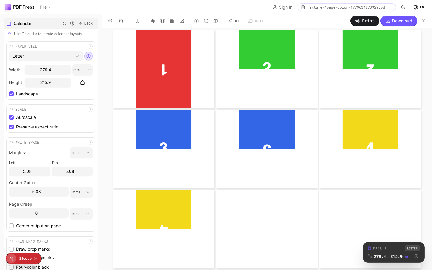 Calendar in PDF Press imposition software — options panel beside the live imposed sheet
