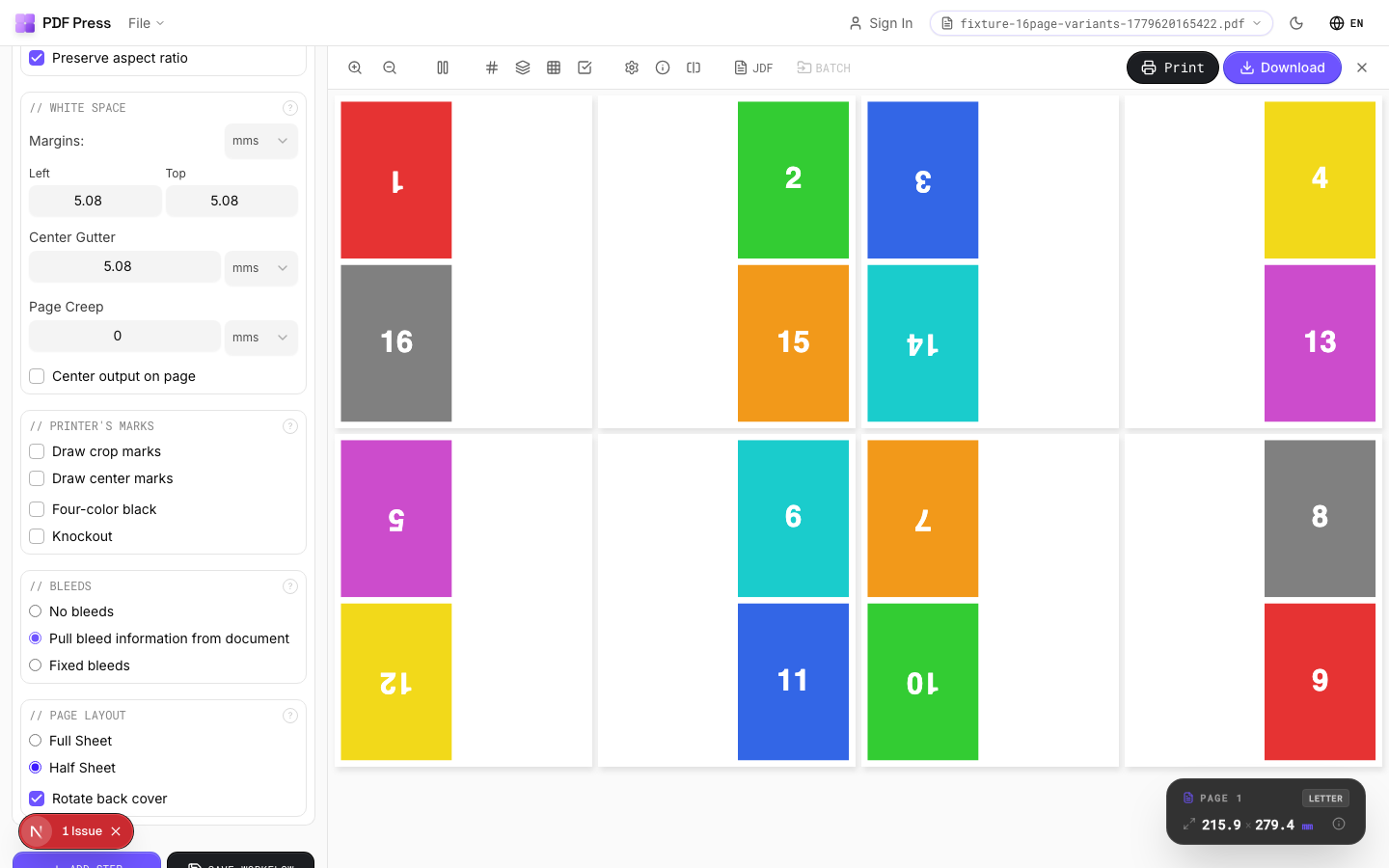 Calendar in PDF Press imposition software (Half Sheet Layout configuration) — options panel beside the live imposed sheet