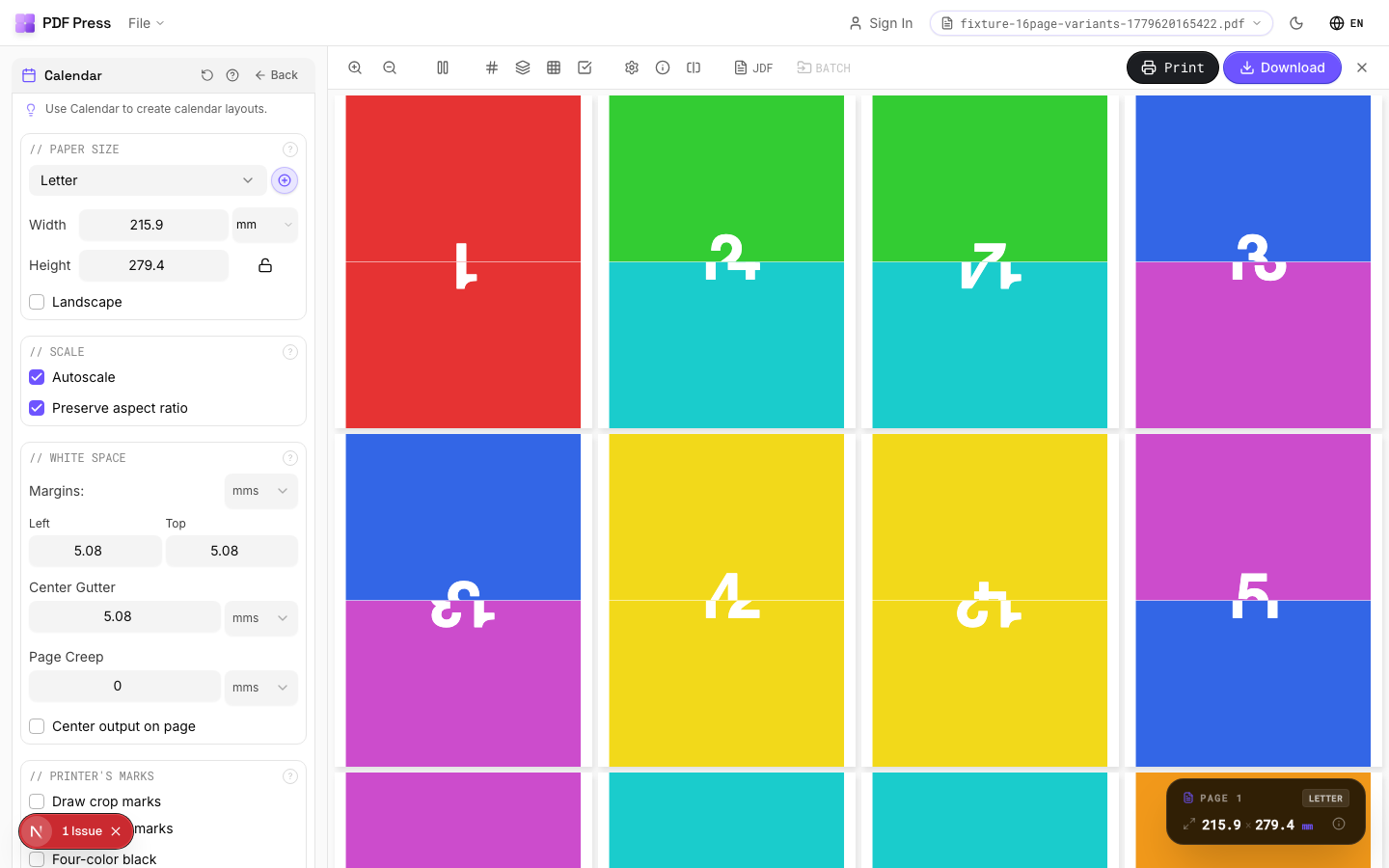 Calendar in PDF Press imposition software (Landscape Calendar configuration) — options panel beside the live imposed sheet