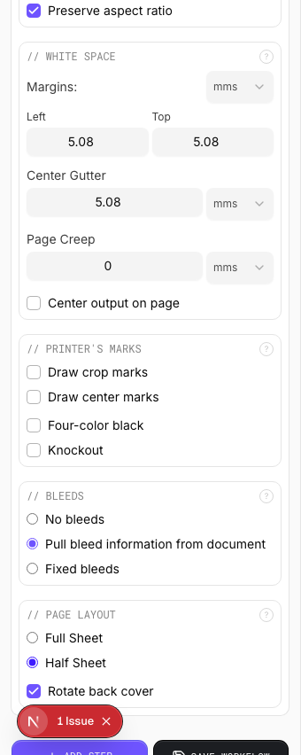 Calendar settings panel in PDF Press imposition software (Half Sheet Layout configuration)