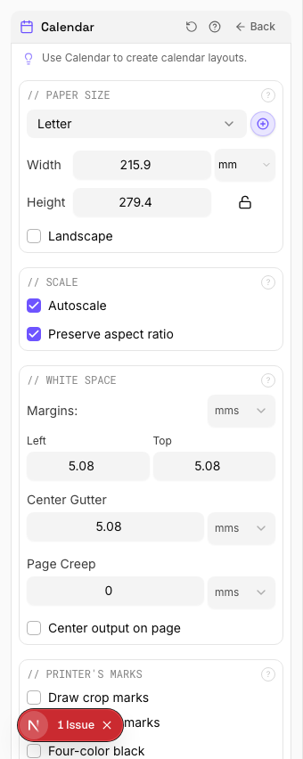 Calendar settings panel in PDF Press imposition software (Landscape Calendar configuration)
