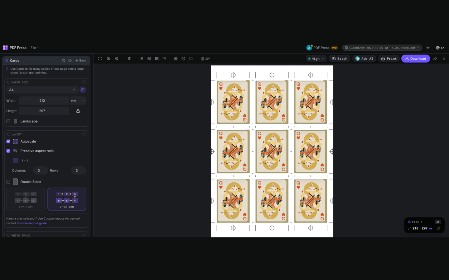 Cards in PDF Press imposition software — options panel beside the live imposed sheet
