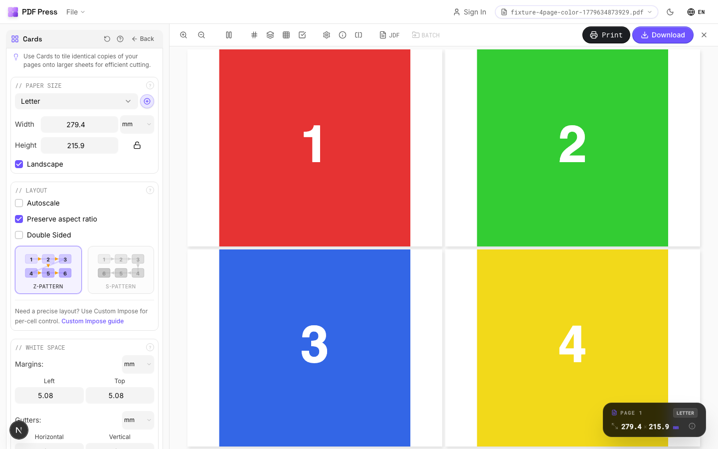 Cards in PDF Press imposition software (Landscape Orientation configuration) — options panel beside the live imposed sheet