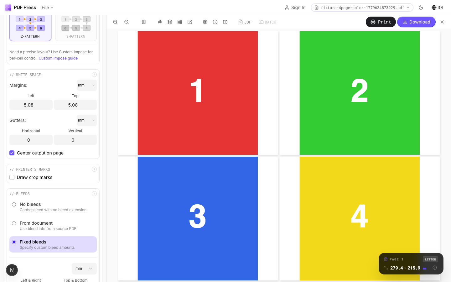 Cards in PDF Press imposition software (With Fixed Bleeds configuration) — options panel beside the live imposed sheet