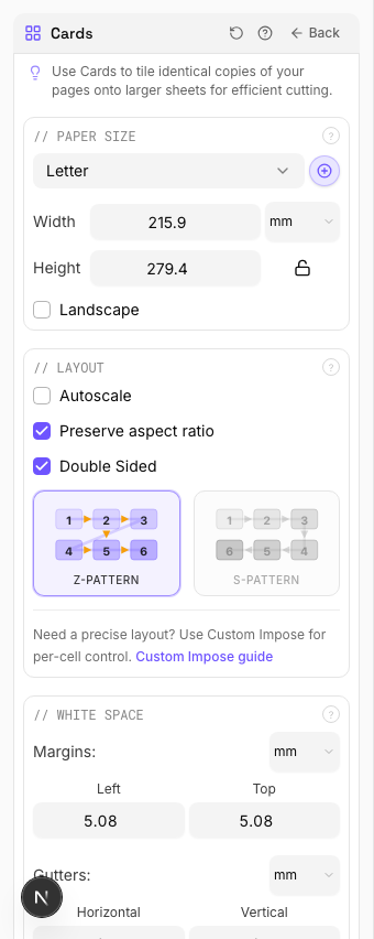 Cards settings panel in PDF Press imposition software (Double Sided configuration)