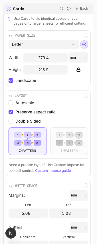 Cards settings panel in PDF Press imposition software (Landscape Orientation configuration)