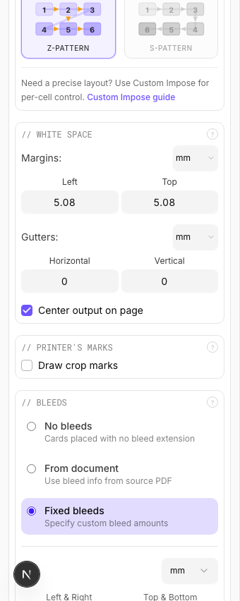 Cards settings panel in PDF Press imposition software (With Fixed Bleeds configuration)