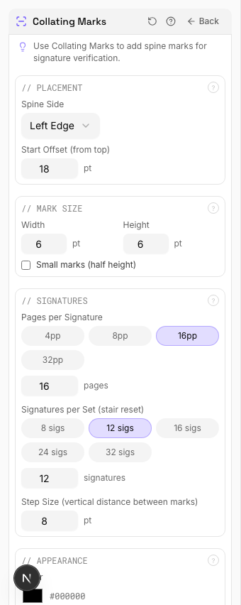 Collating Marks settings panel in PDF Press imposition software (Collating Marks Applied configuration)