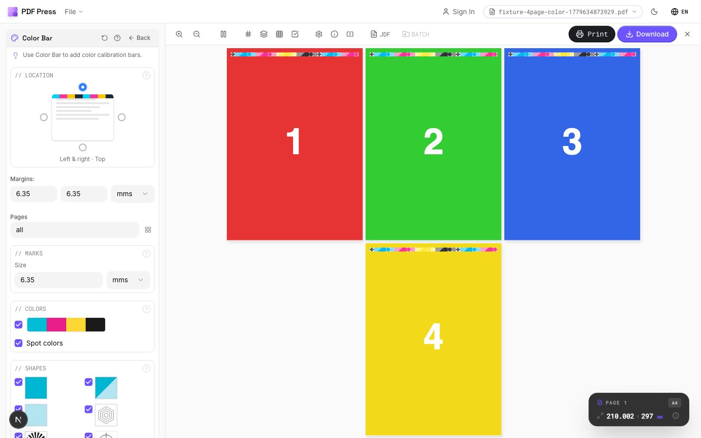 Color Bar in PDF Press imposition software — options panel beside the live imposed sheet