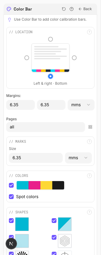 Color Bar settings panel in PDF Press imposition software (Color Bar at Bottom Edge configuration)