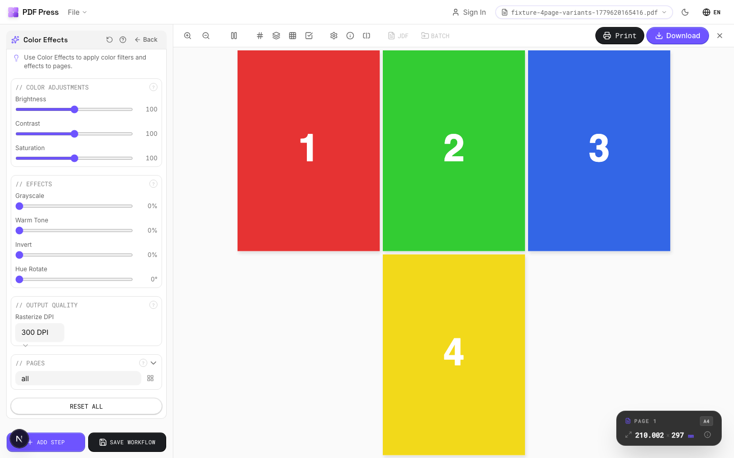 Color Effects in PDF Press imposition software (Grayscale Conversion configuration) — options panel beside the live imposed sheet