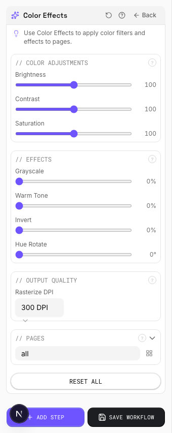 Color Effects settings panel in PDF Press imposition software (Grayscale Conversion configuration)