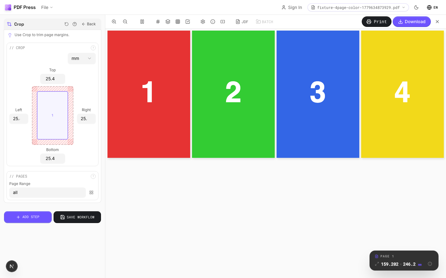 Crop in PDF Press imposition software — options panel beside the live imposed sheet