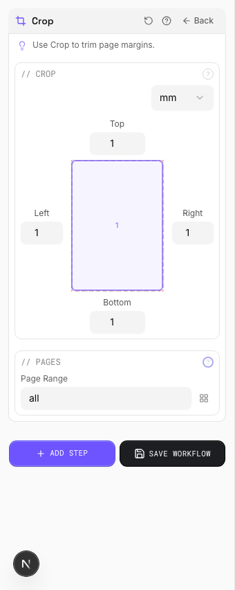 Crop settings panel in PDF Press imposition software (Cropped 1 Inch All Sides configuration)