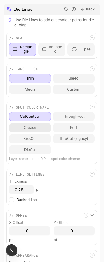 Die Lines settings panel in PDF Press imposition software (Die Lines Applied configuration)