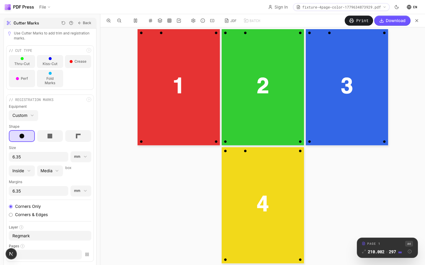Cutter Marks in PDF Press imposition software — options panel beside the live imposed sheet
