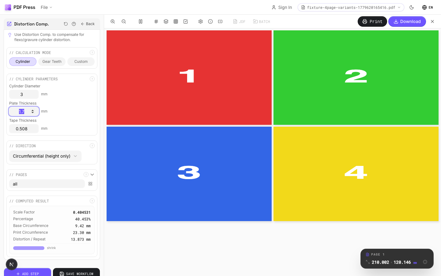 Distortion Comp. in PDF Press imposition software (3% Horizontal Distortion configuration) — options panel beside the live imposed sheet