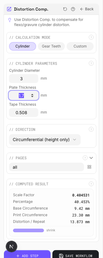 Distortion Comp. settings panel in PDF Press imposition software (3% Horizontal Distortion configuration)