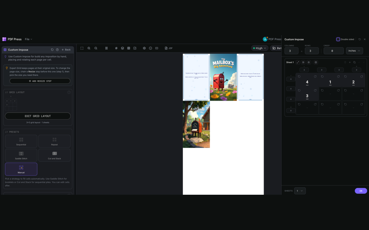 Custom Impose in PDF Press imposition software (3×3 Expert Grid configuration) — options panel beside the live imposed sheet