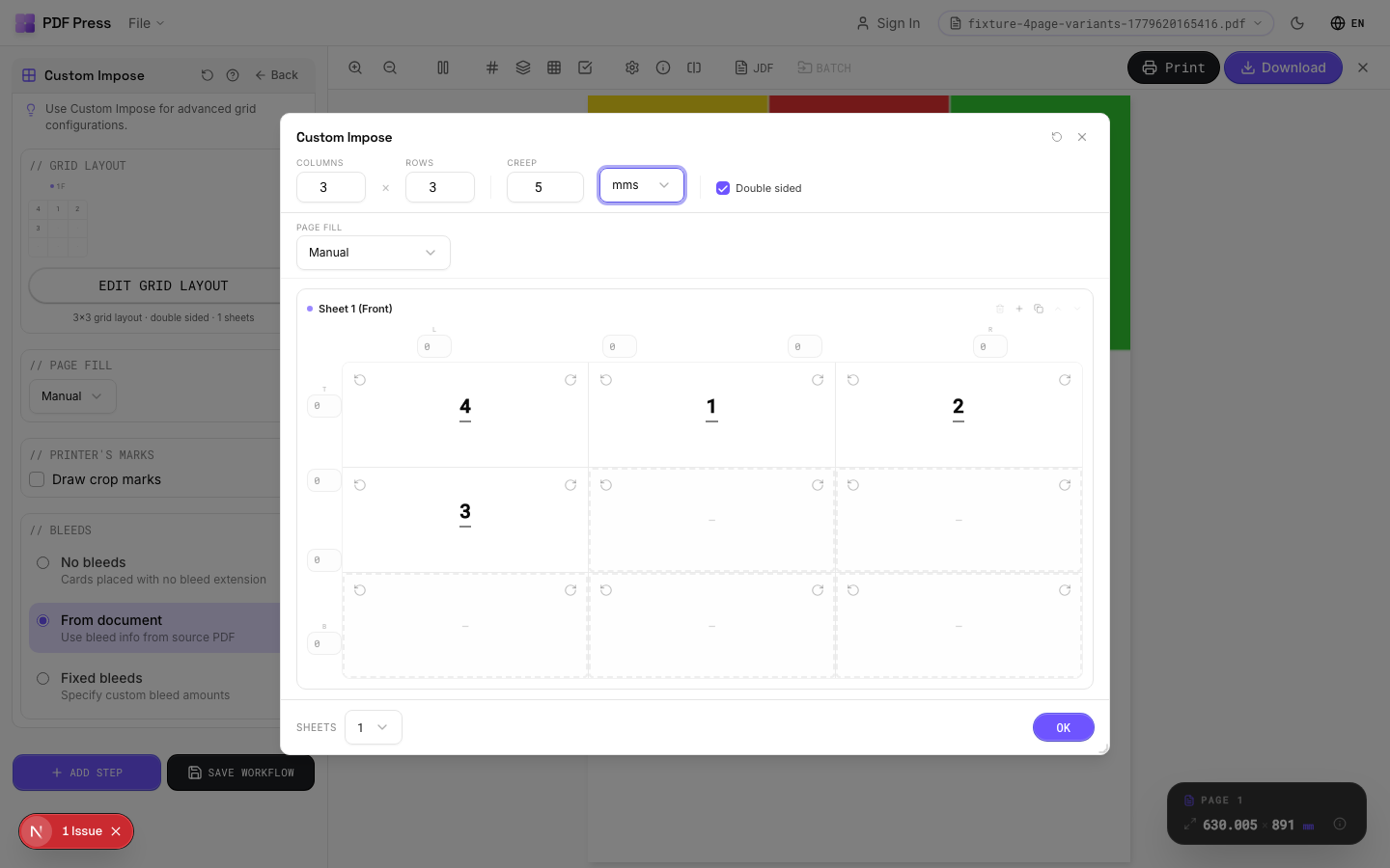 Custom Impose in PDF Press imposition software (Per-Cell Creep Adjustment configuration) — options panel beside the live imposed sheet
