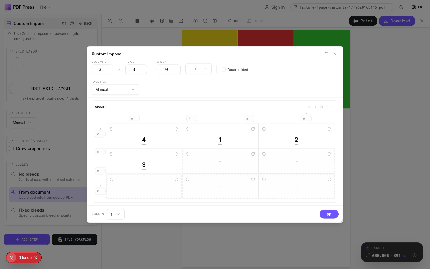 Custom Impose in PDF Press imposition software (Double-Sided Sheets configuration) — options panel beside the live imposed sheet
