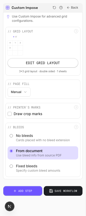 Custom Impose settings panel in PDF Press imposition software (3×3 Expert Grid configuration)