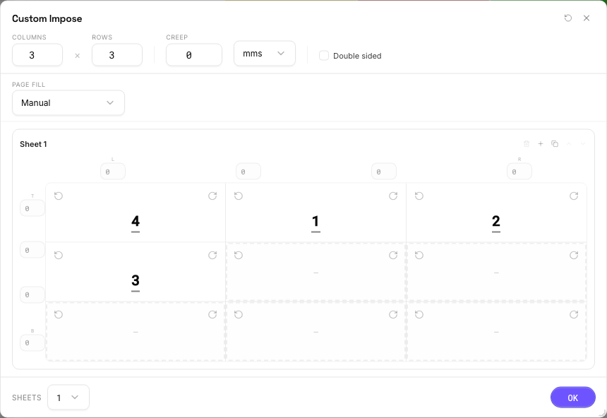 Custom Impose settings panel in PDF Press imposition software (Double-Sided Sheets configuration)