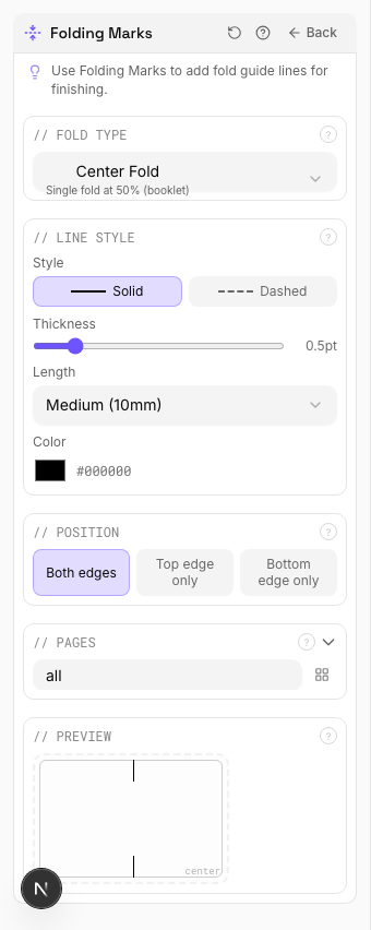 Folding Marks settings panel in PDF Press imposition software (Fold Marks Applied configuration)