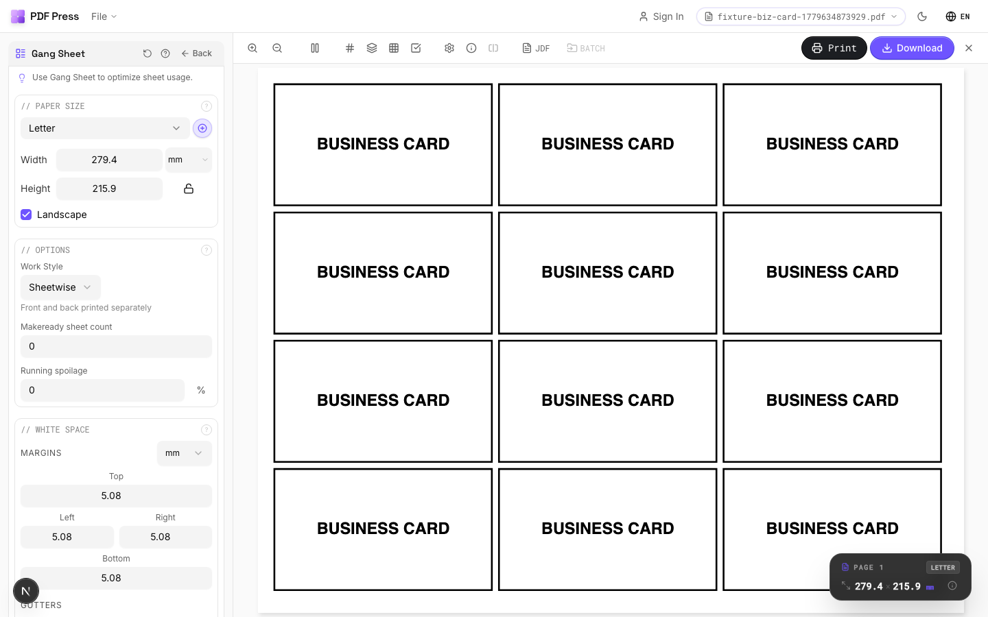 Gang Sheet in PDF Press imposition software — options panel beside the live imposed sheet