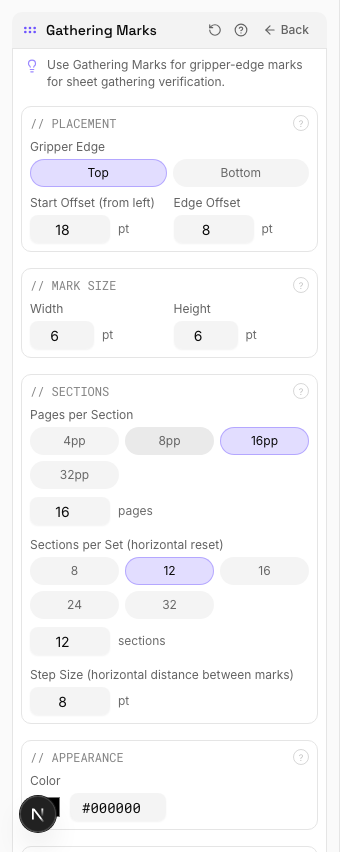 Gathering Marks settings panel in PDF Press imposition software (Gathering Marks Applied configuration)