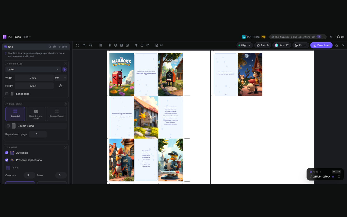 Grid in PDF Press imposition software (3×3 Grid Layout configuration) — options panel beside the live imposed sheet